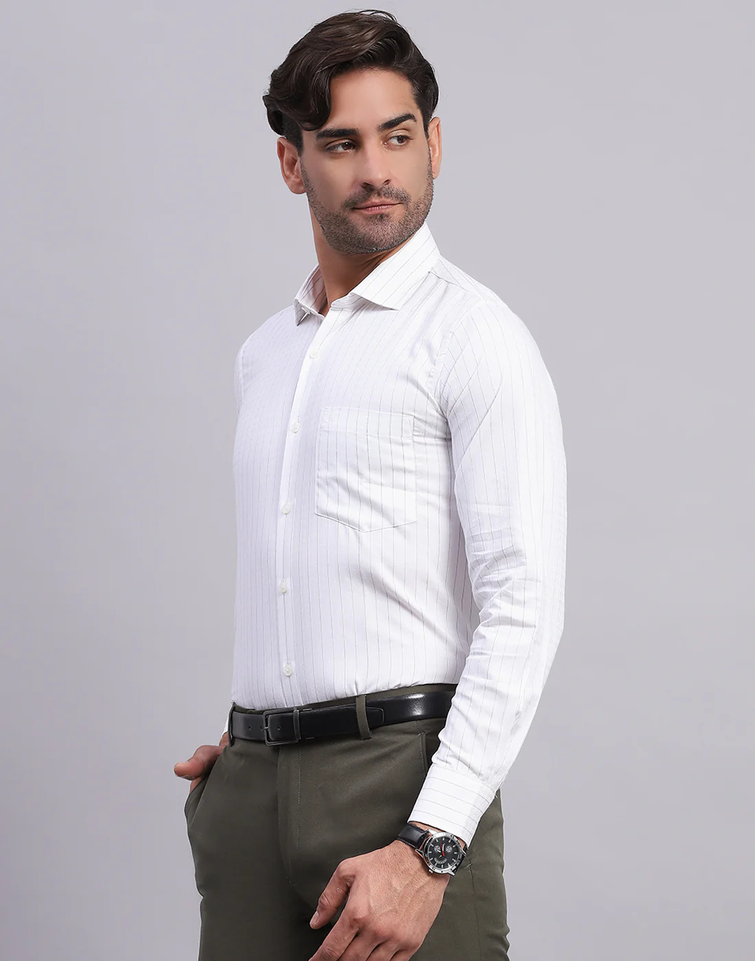 Men White Stripe Collar Full Sleeve Shirt - Image 3