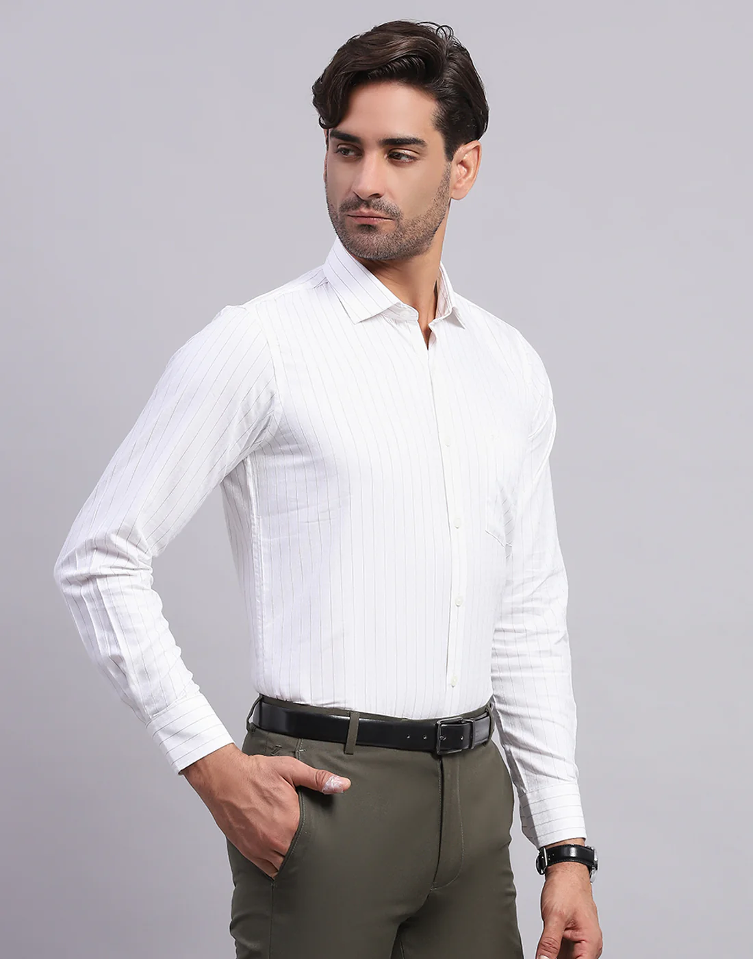 Men White Stripe Collar Full Sleeve Shirt - Image 4