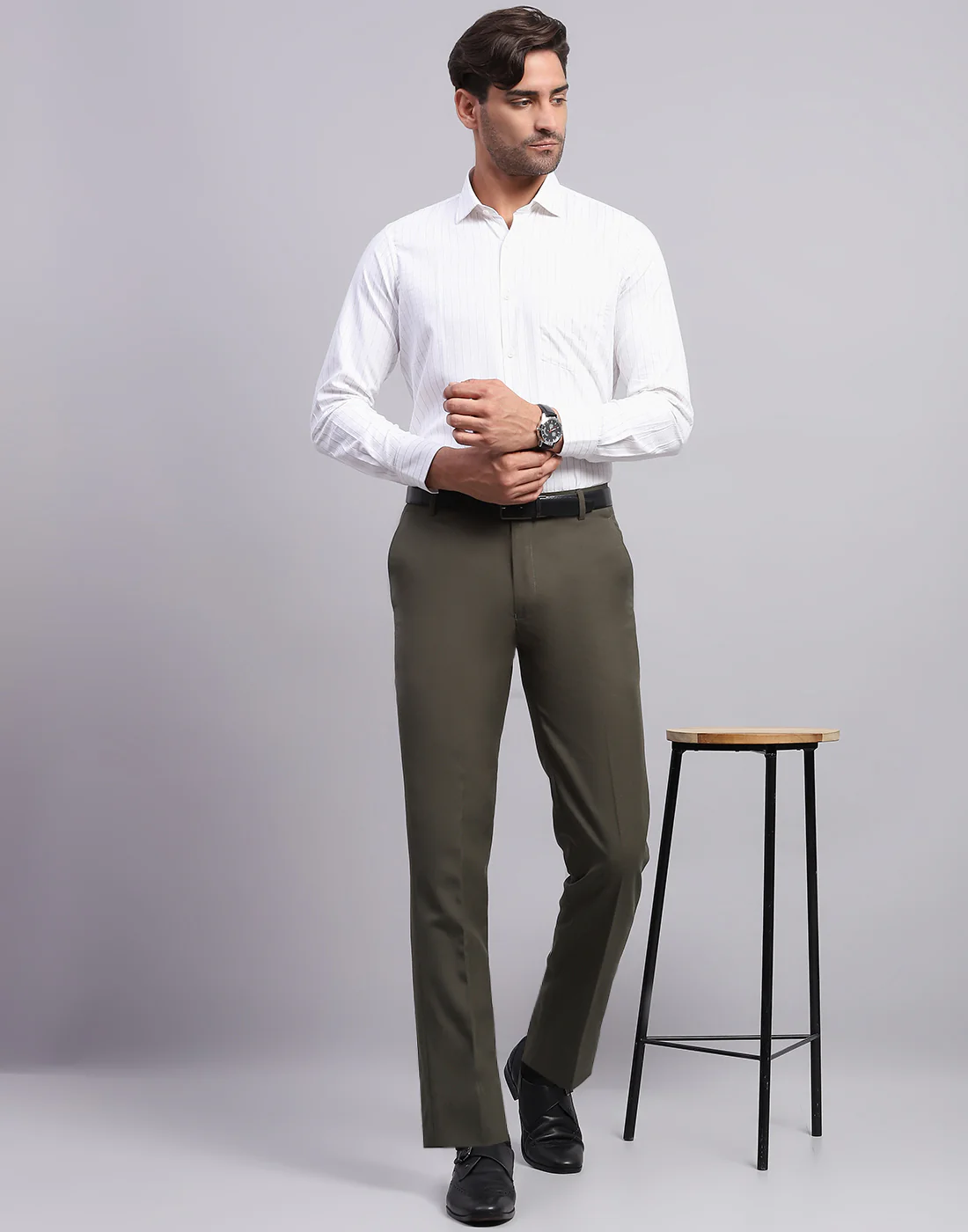 Men White Stripe Collar Full Sleeve Shirt - Image 6