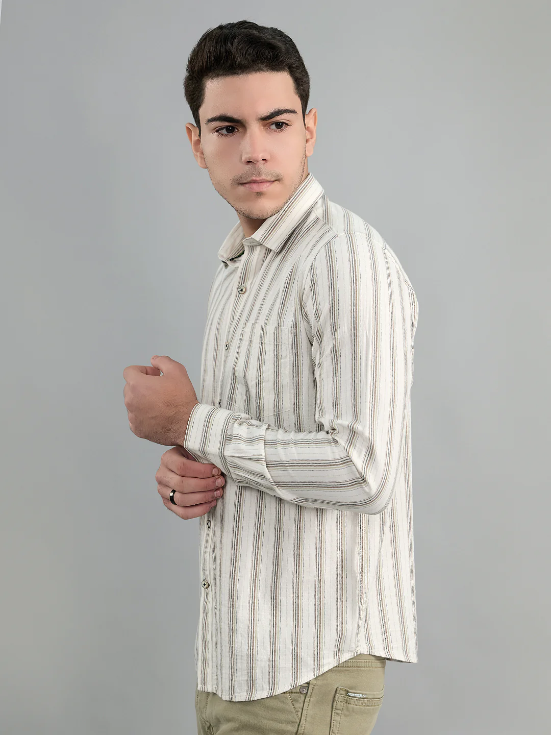 Men White Stripe Collar Full Sleeve Shirt - Image 3