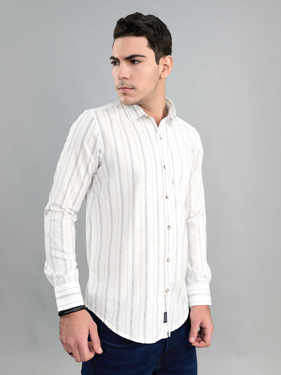Men White Stripe Collar Full Sleeve Shirt - Image 2