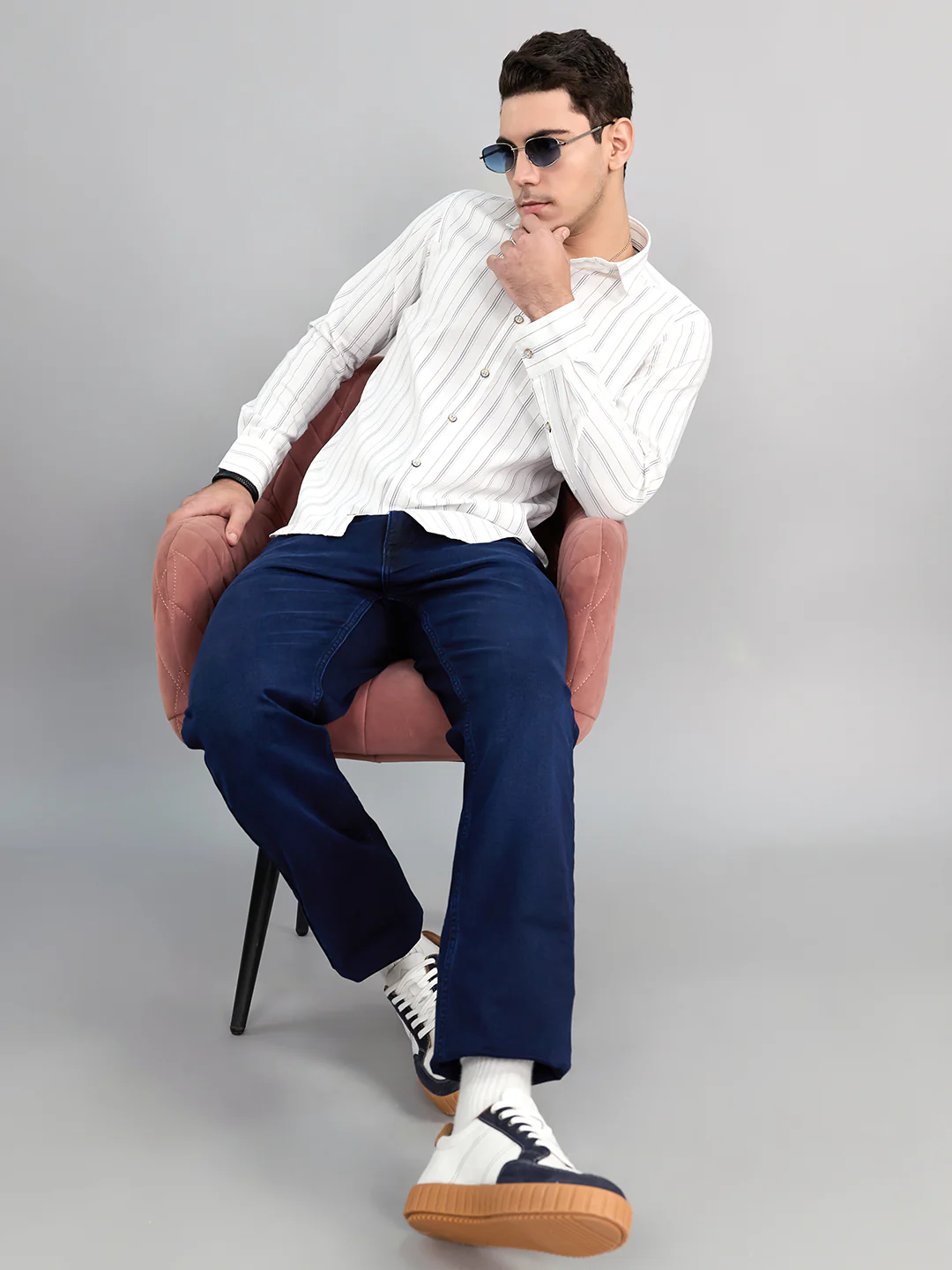Men White Stripe Collar Full Sleeve Shirt - Image 6