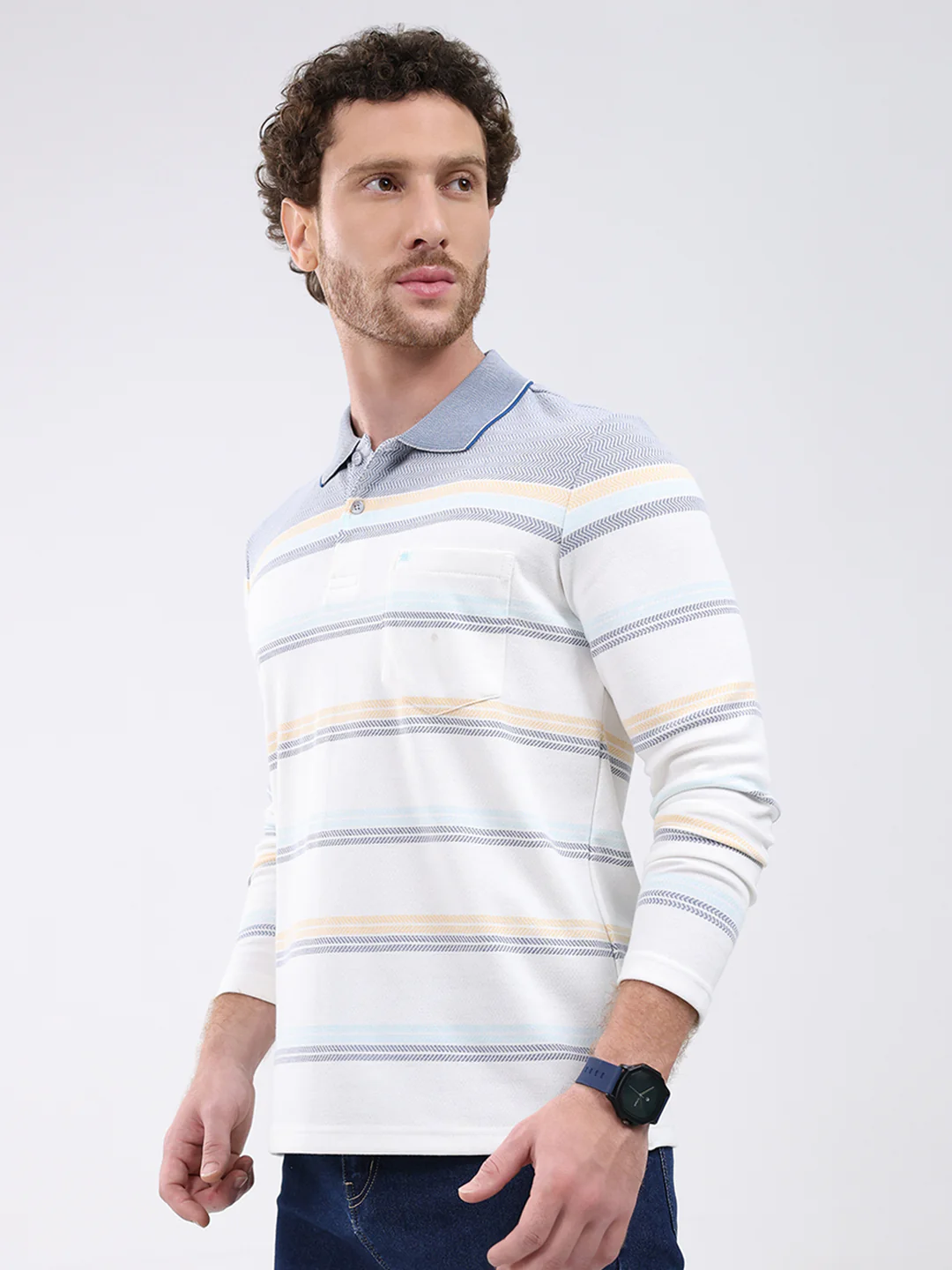 Men White Stripe Collar Full Sleeve Winter T-Shirt - Image 3