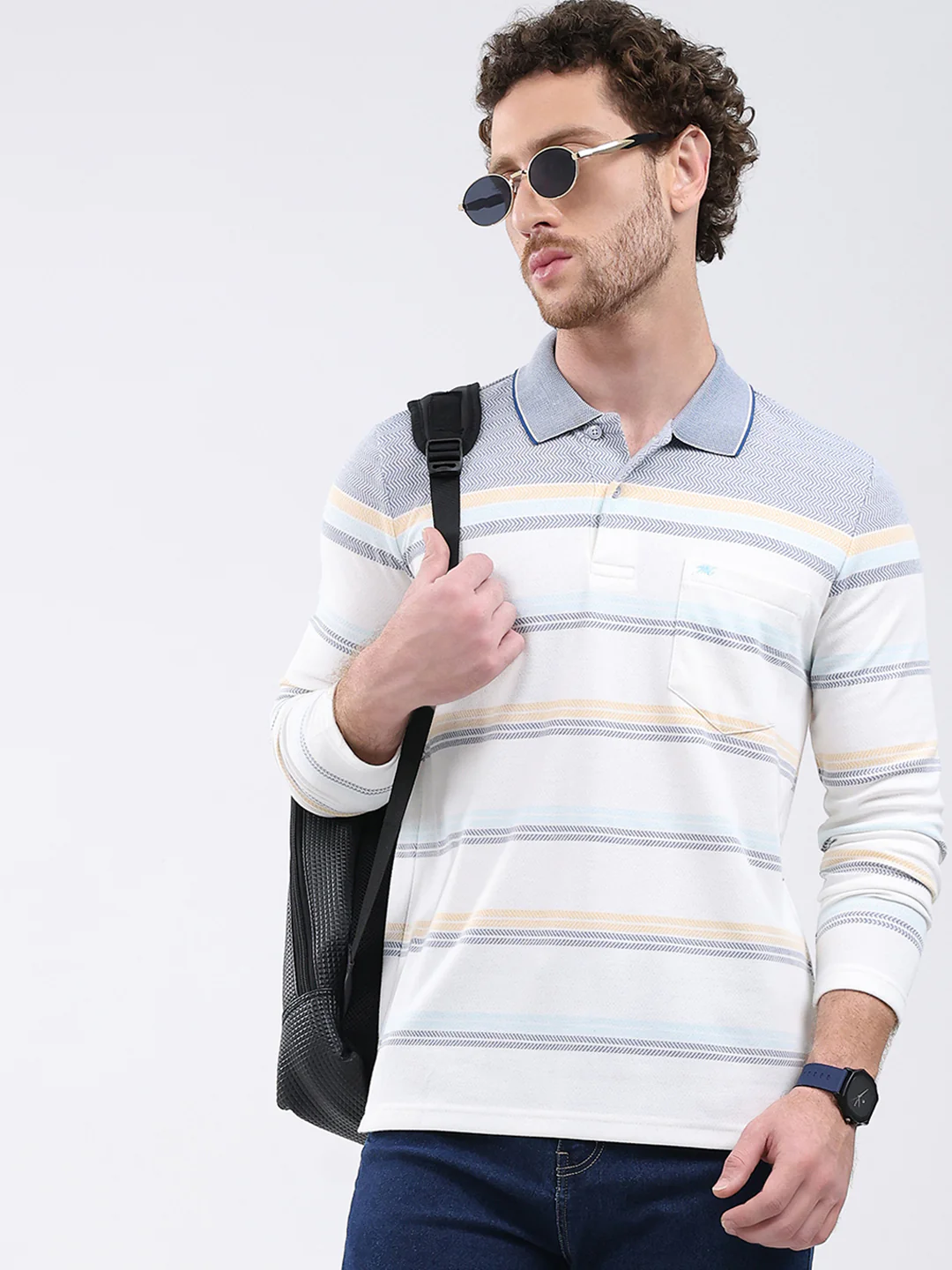 Men White Stripe Collar Full Sleeve Winter T-Shirt - Image 6