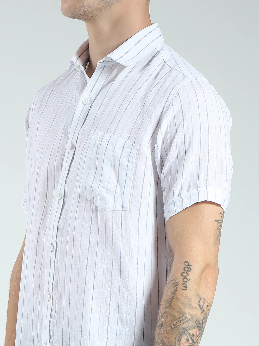 Men White Stripe Collar Half Sleeve Linen Shirt - Image 6