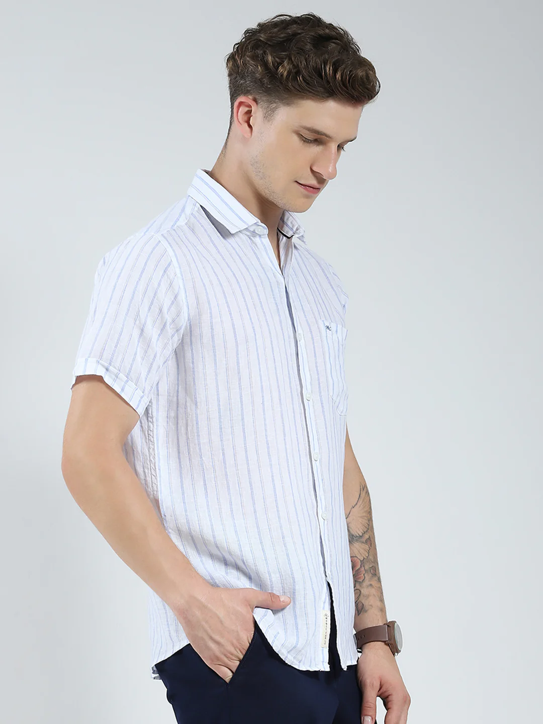Men White Stripe Collar Half Sleeve Linen Shirt - Image 4