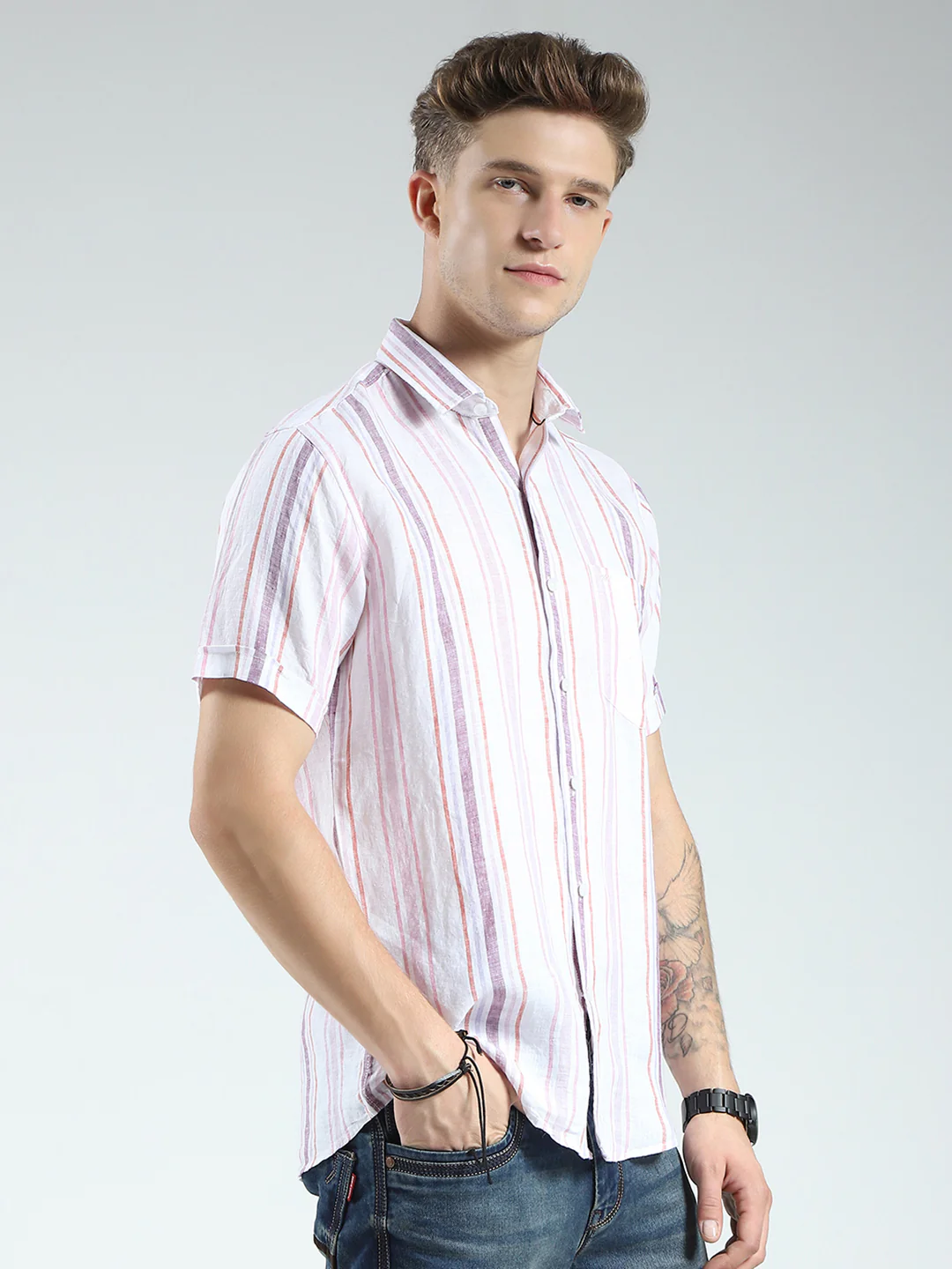 Men White Stripe Collar Half Sleeve Linen Shirt - Image 4