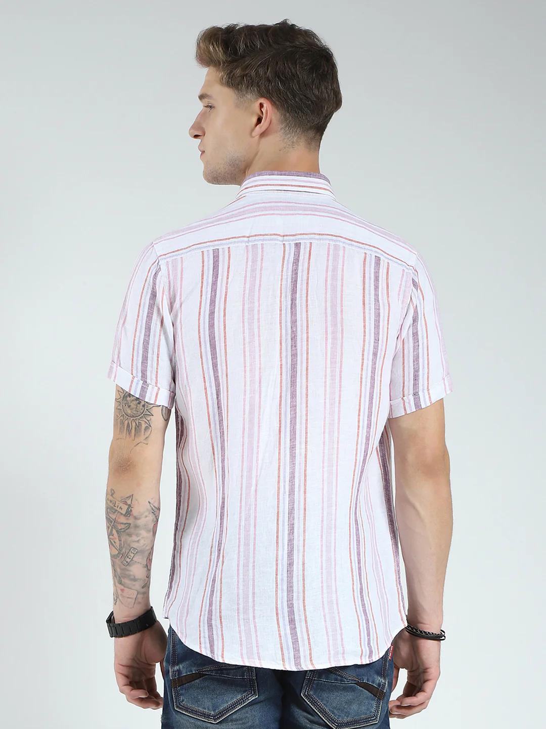 Men White Stripe Collar Half Sleeve Linen Shirt - Image 5
