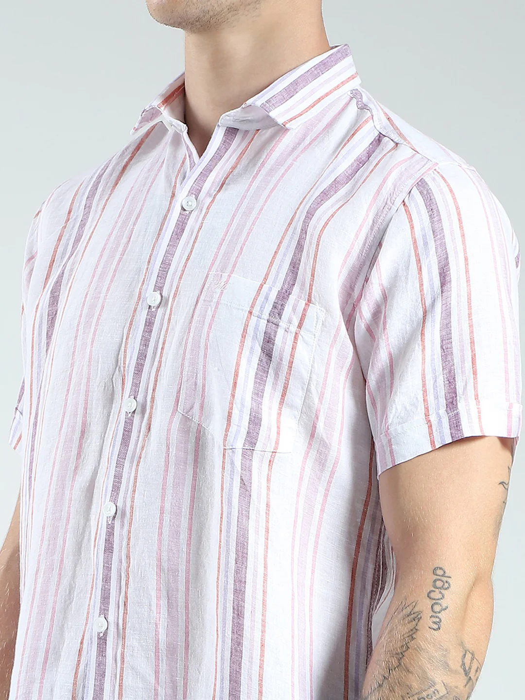 Men White Stripe Collar Half Sleeve Linen Shirt - Image 7