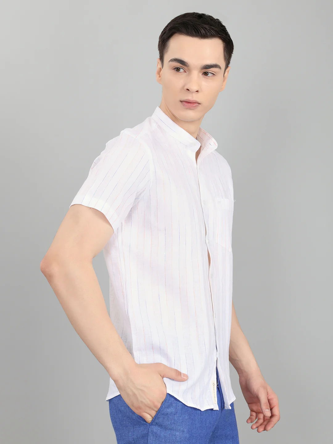 Men White Stripe Collar Half Sleeve Shirt - Image 3