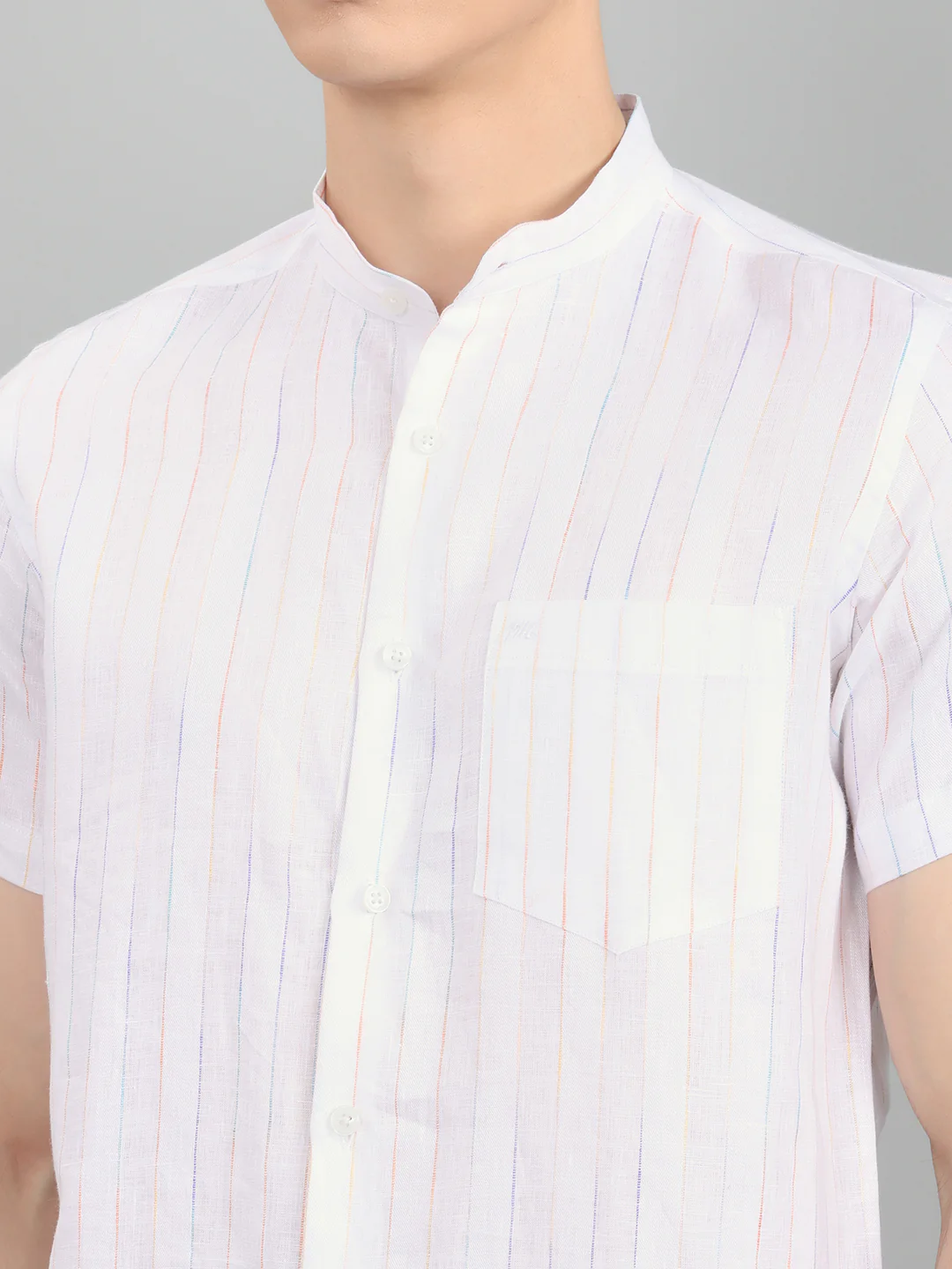 Men White Stripe Collar Half Sleeve Shirt - Image 4