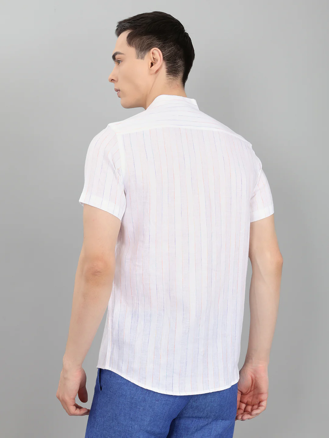 Men White Stripe Collar Half Sleeve Shirt - Image 5