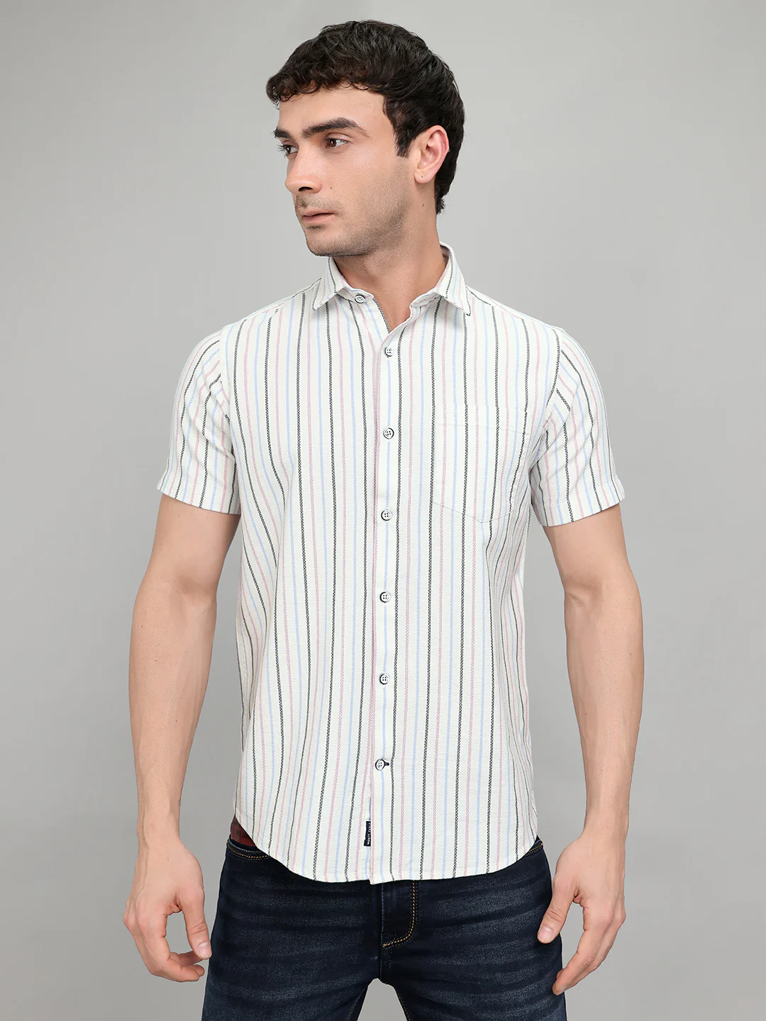 Men White Stripe Collar Half Sleeve Shirt