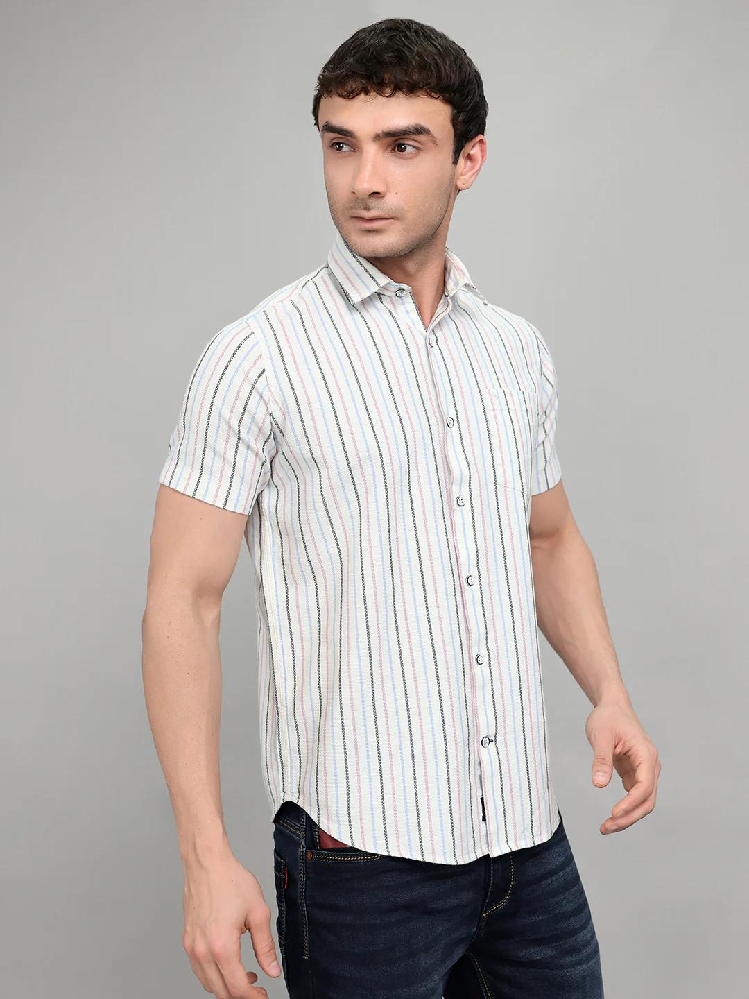 Men White Stripe Collar Half Sleeve Shirt - Image 3