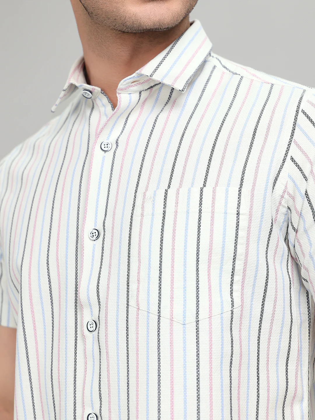 Men White Stripe Collar Half Sleeve Shirt - Image 4