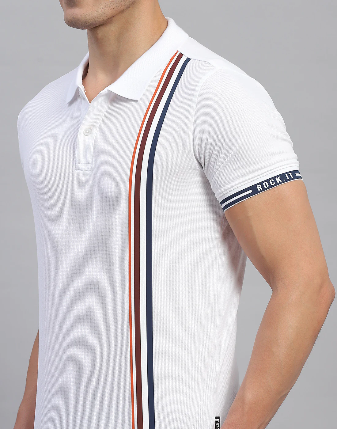 Rock.it Men White Stripe Collar Half Sleeve T-Shirt - Image 6