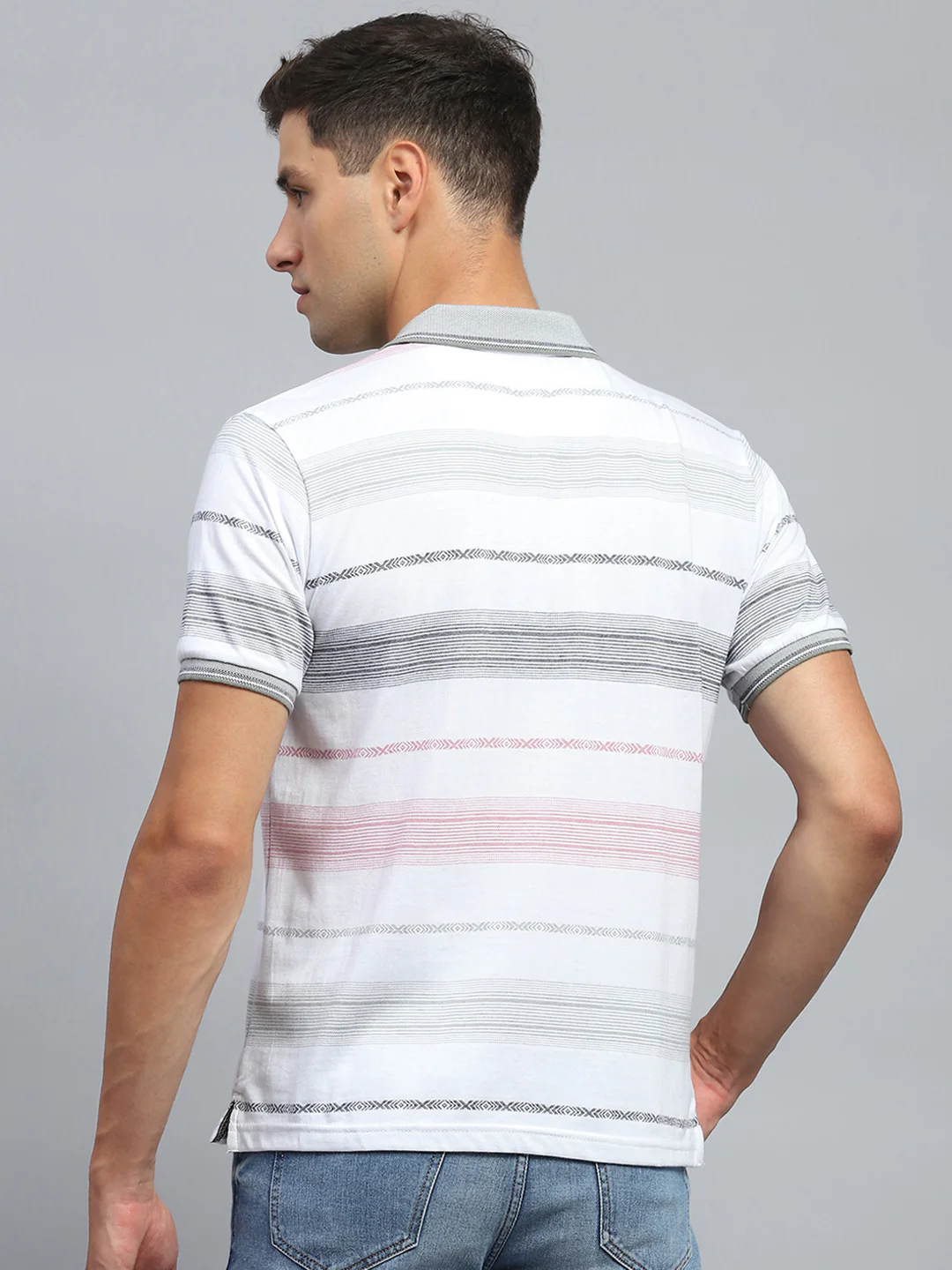 Men White Stripe Collar Half Sleeve T-Shirt - Image 5