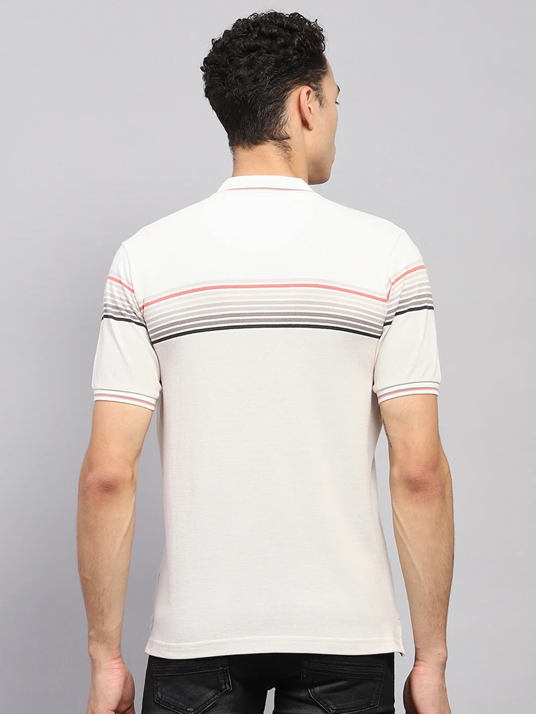 Men White Stripe Collar Half Sleeve T-Shirt - Image 5
