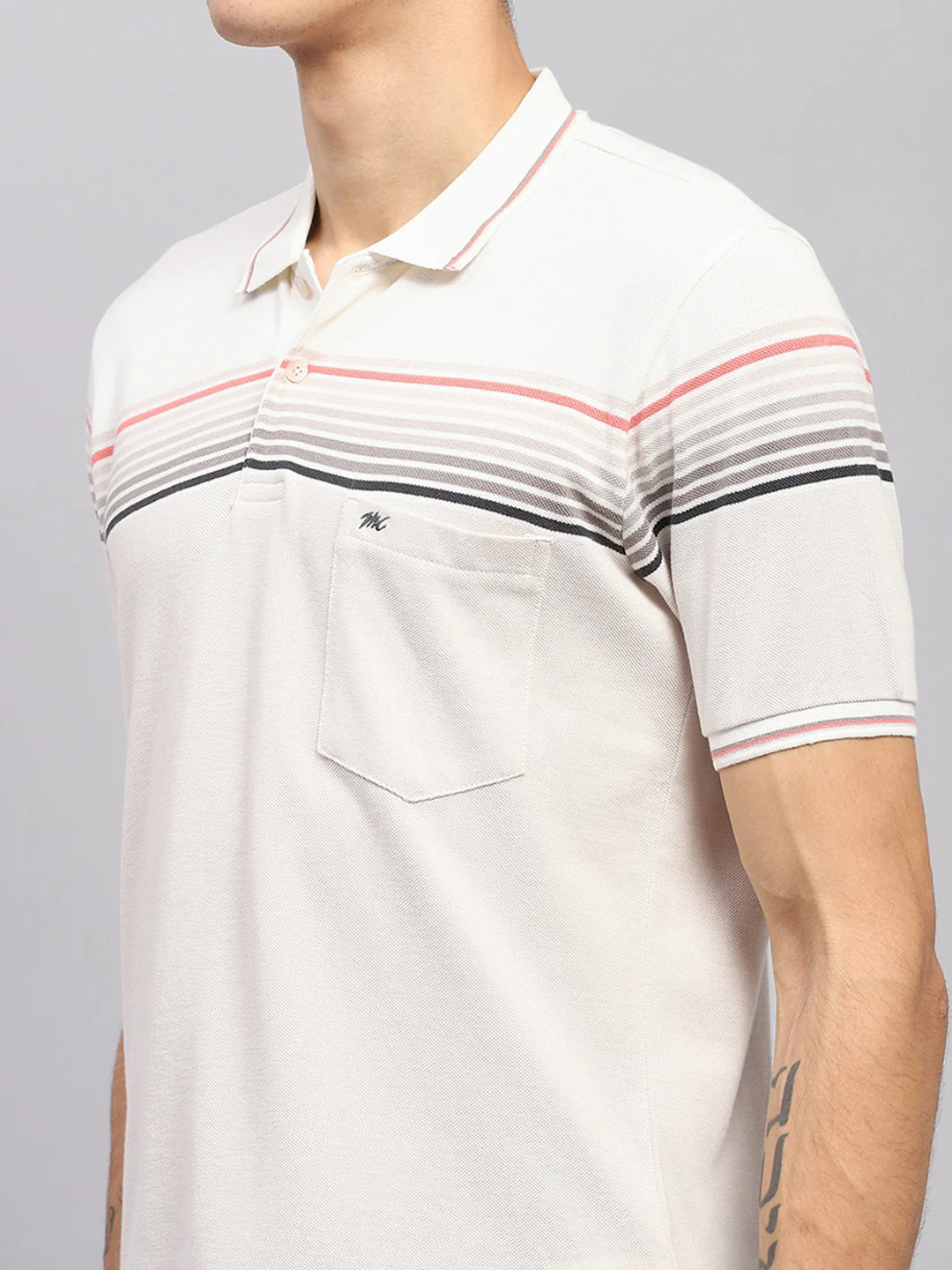 Men White Stripe Collar Half Sleeve T-Shirt - Image 6