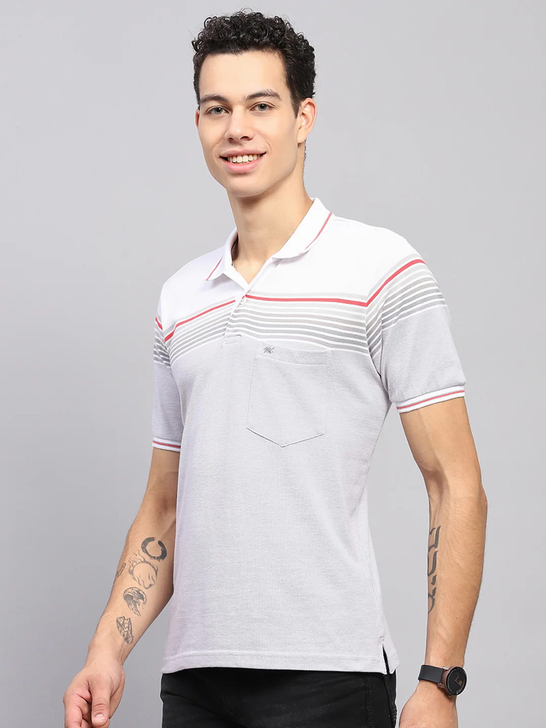 Men White Stripe Collar Half Sleeve T-Shirt - Image 3