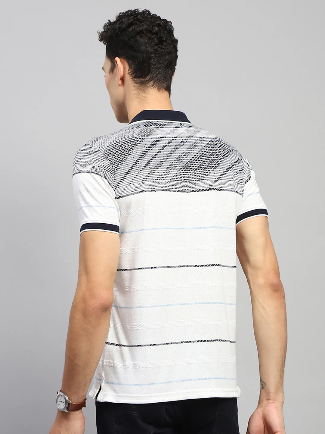 Men White Stripe Collar Half Sleeve T-Shirt - Image 5