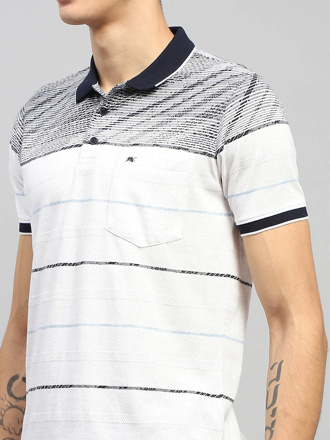 Men White Stripe Collar Half Sleeve T-Shirt - Image 6