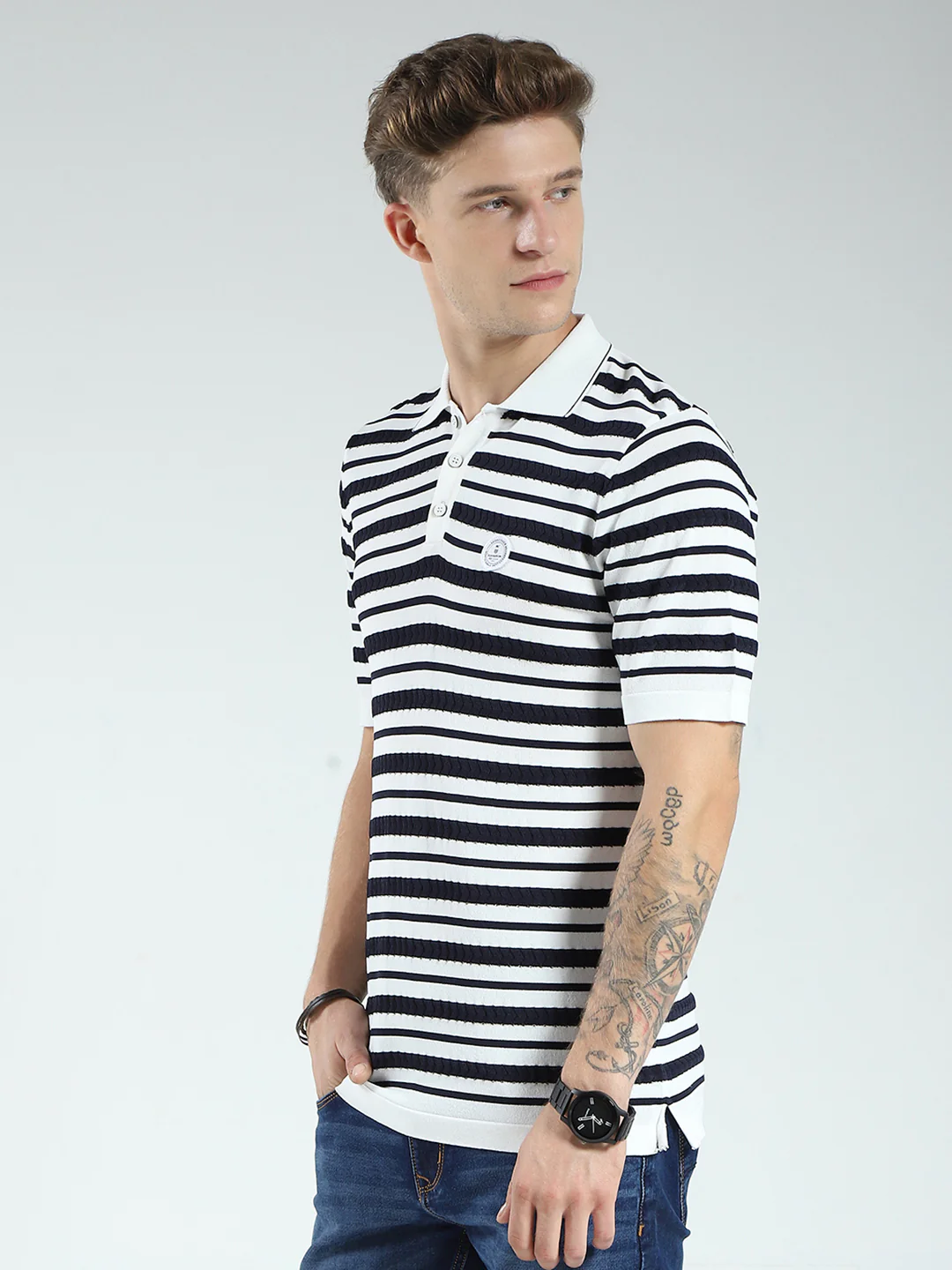 Men White Stripe Collar Half Sleeve T-Shirt - Image 3