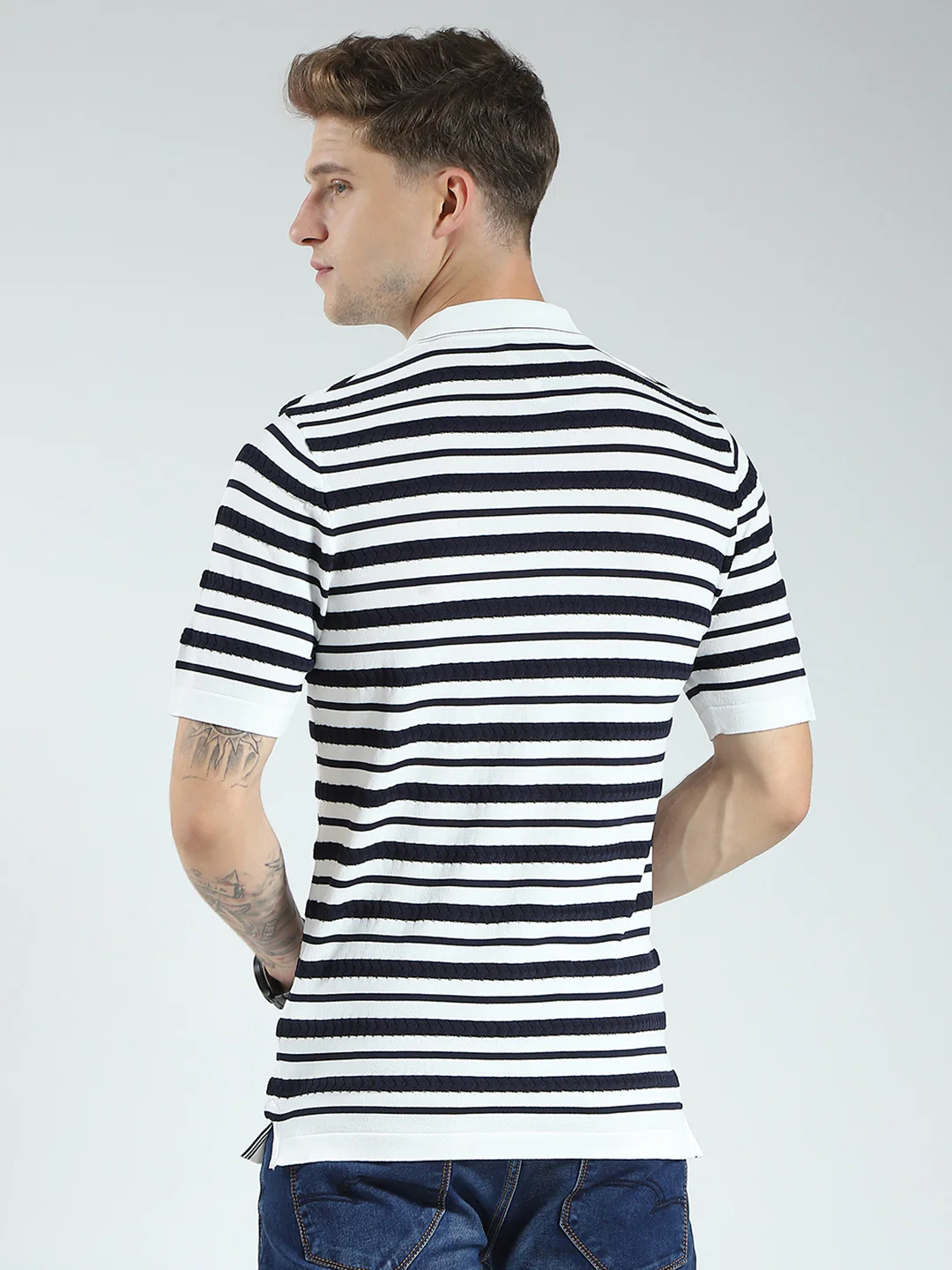 Men White Stripe Collar Half Sleeve T-Shirt - Image 5