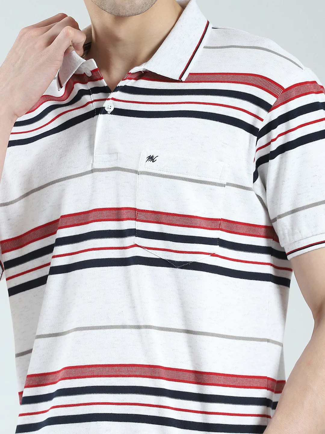 Men White Stripe Collar Half Sleeve T-Shirt - Image 7