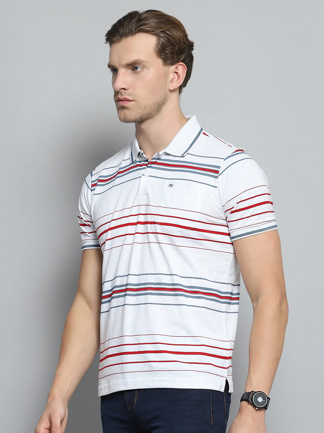 Men White Stripe Collar Half Sleeve T-Shirt - Image 3