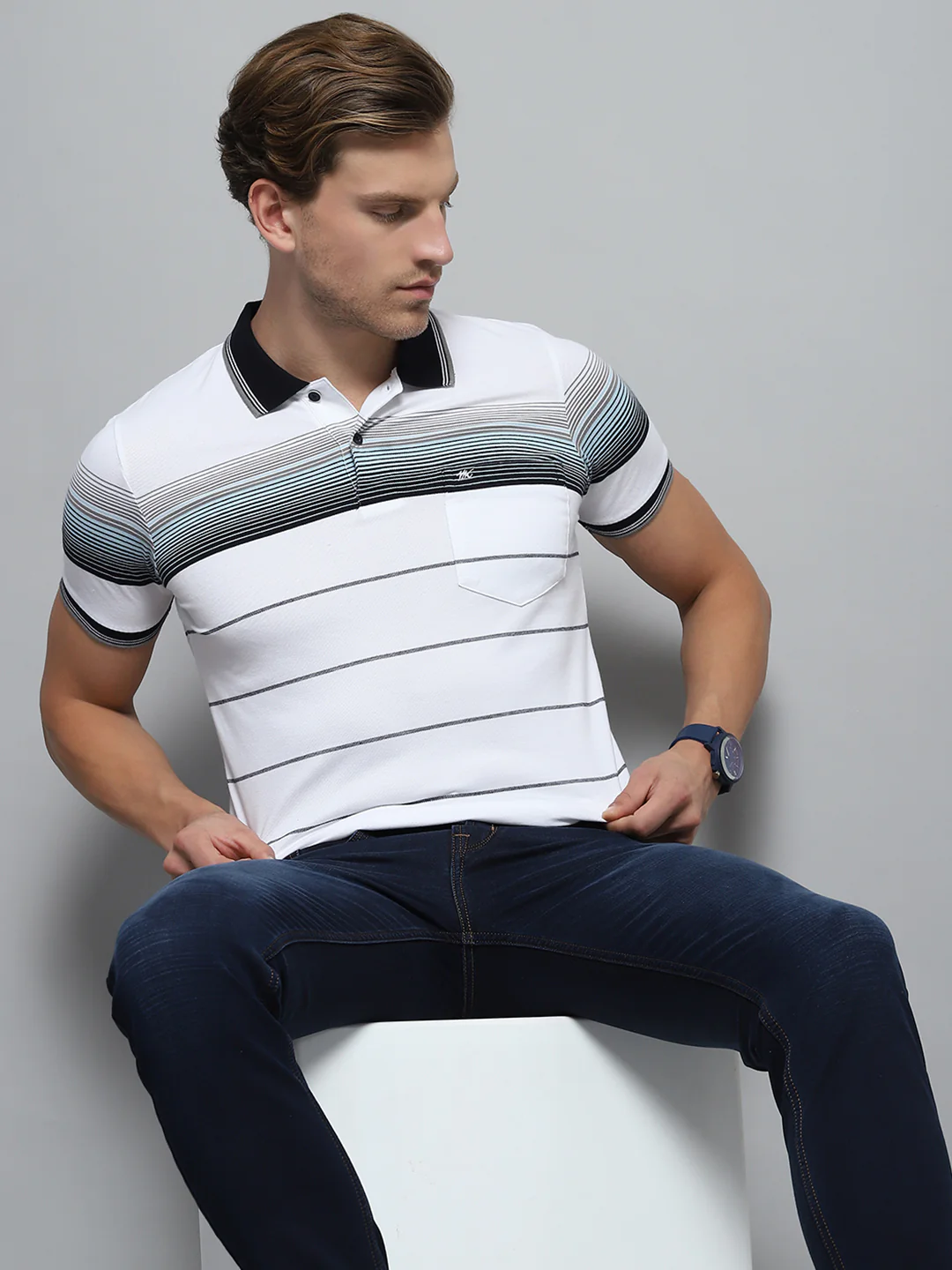 Men White Stripe Collar Half Sleeve T-Shirt - Image 6