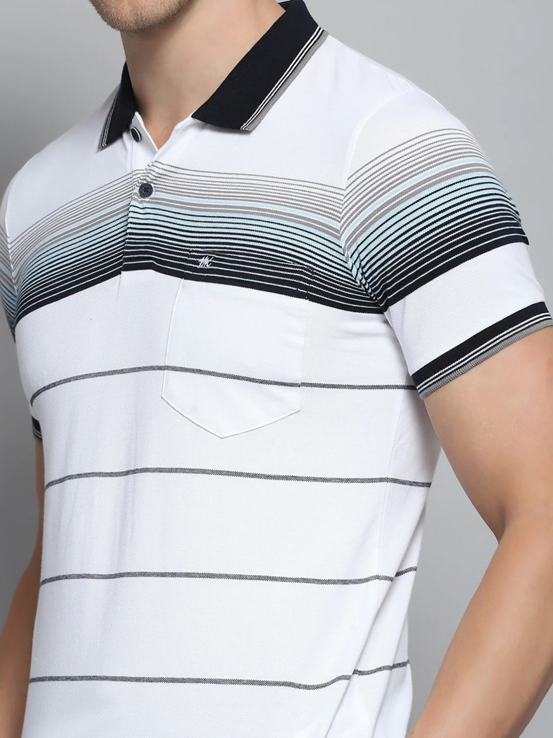 Men White Stripe Collar Half Sleeve T-Shirt - Image 7