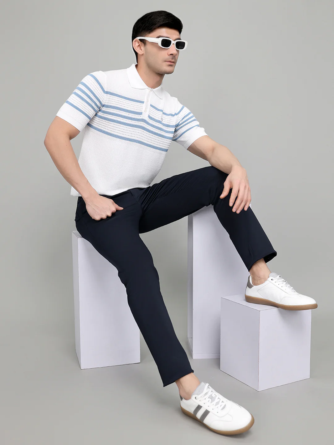 Men White Stripe Collar Half Sleeve T-Shirt - Image 6
