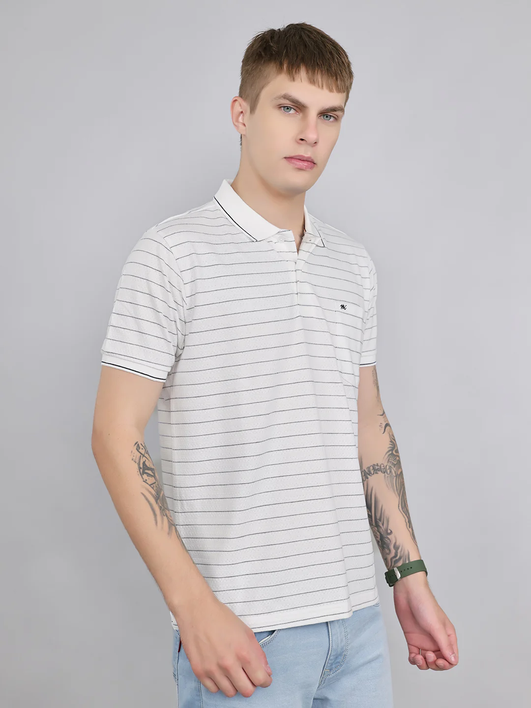 Men White Stripe Collar Half Sleeve T-Shirt - Image 3