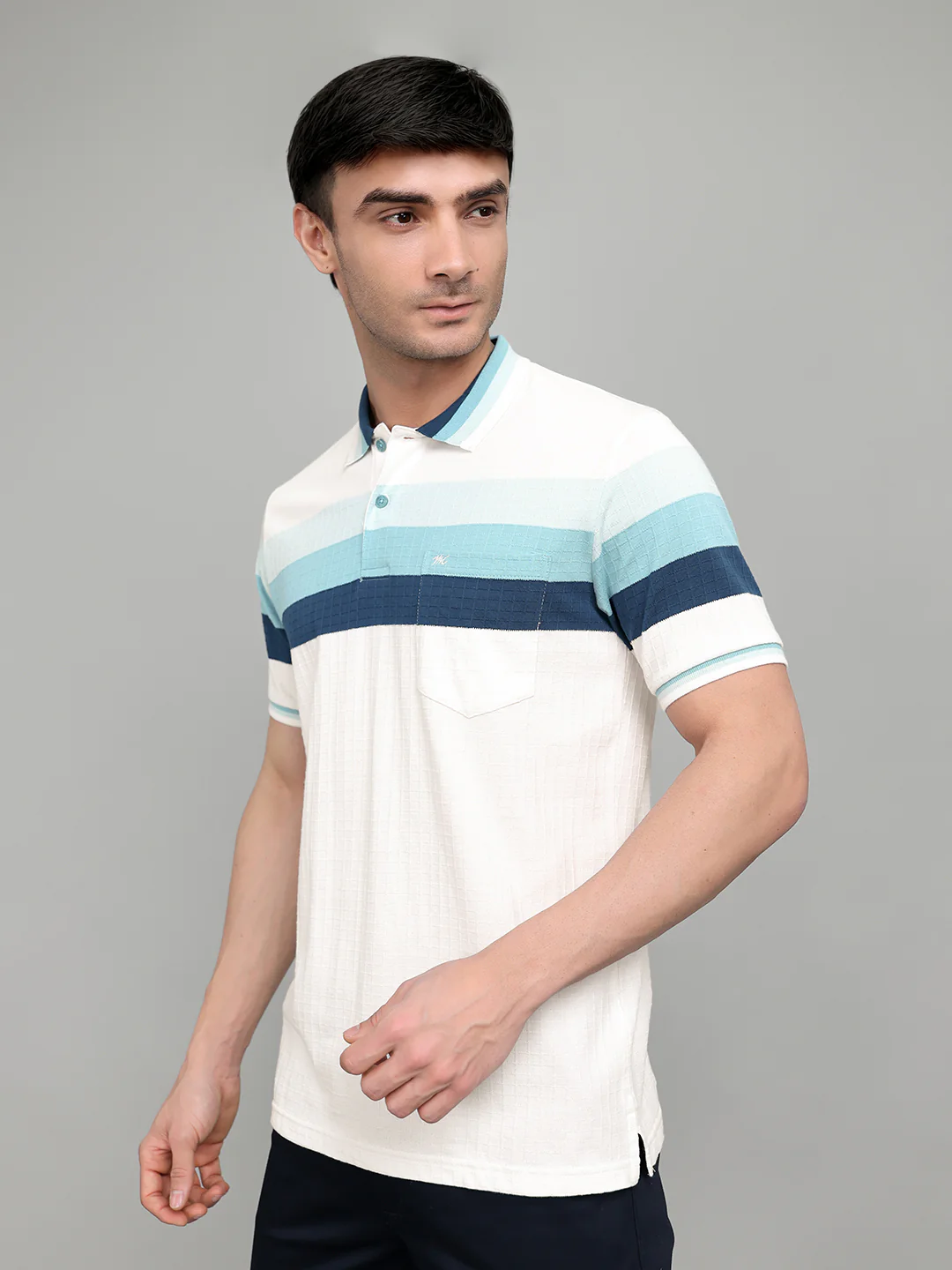 Men White Stripe Collar Half Sleeve T-Shirt - Image 2