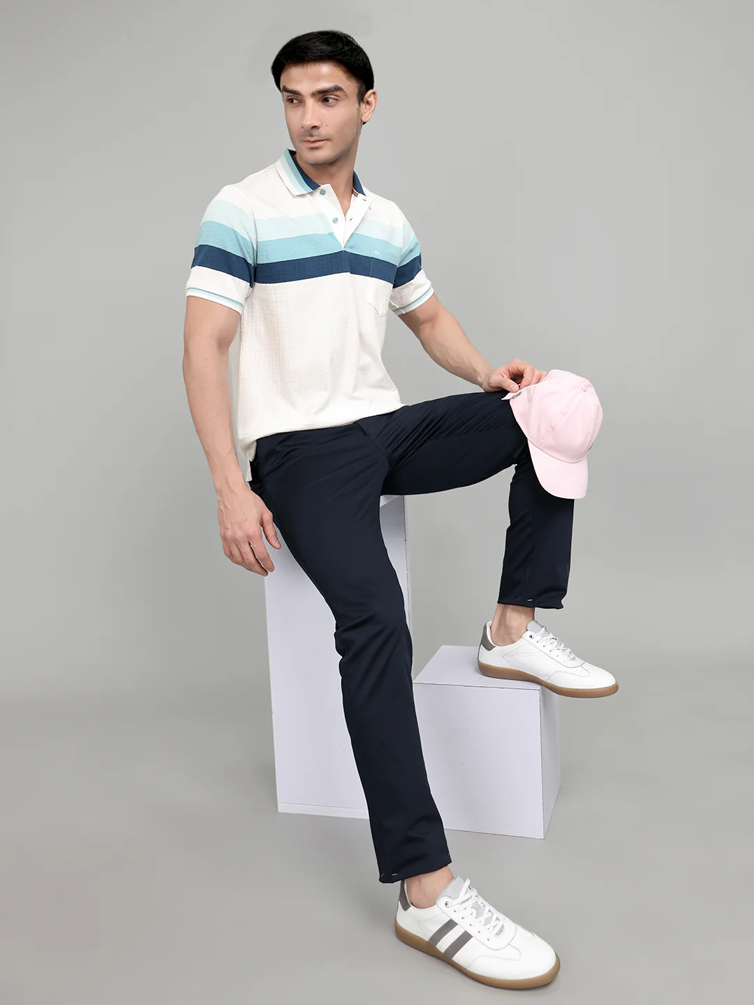 Men White Stripe Collar Half Sleeve T-Shirt - Image 6