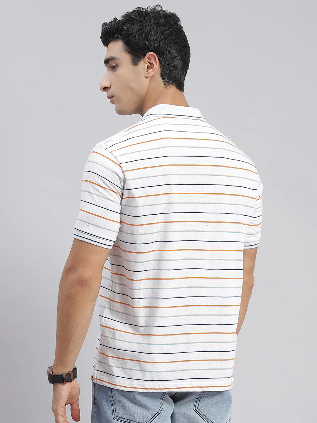 Men White Stripe Collar Half Sleeve T-Shirts - Image 5