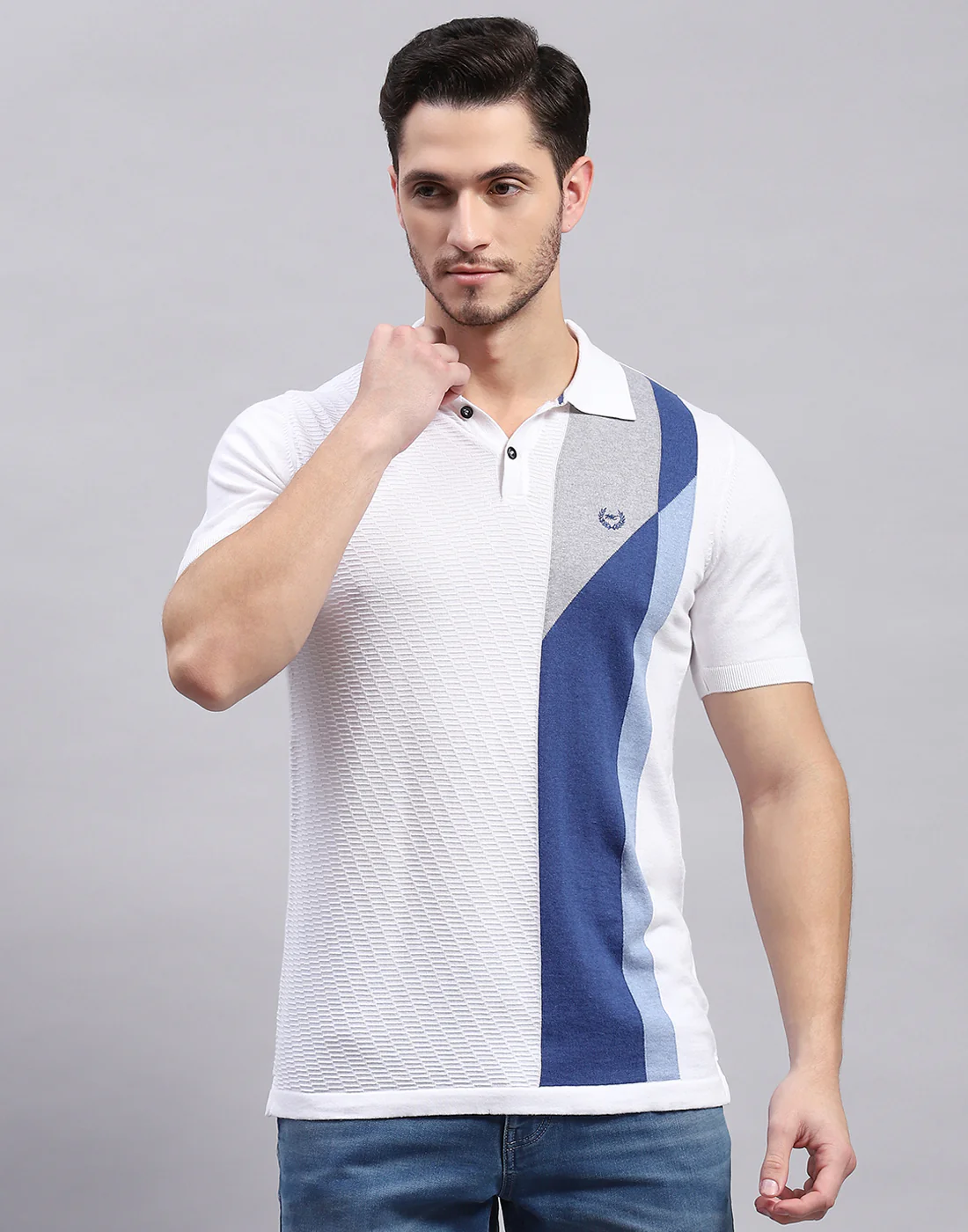 Men White Stripe Polo Collar Half Sleeve T-Shirt - Image 3