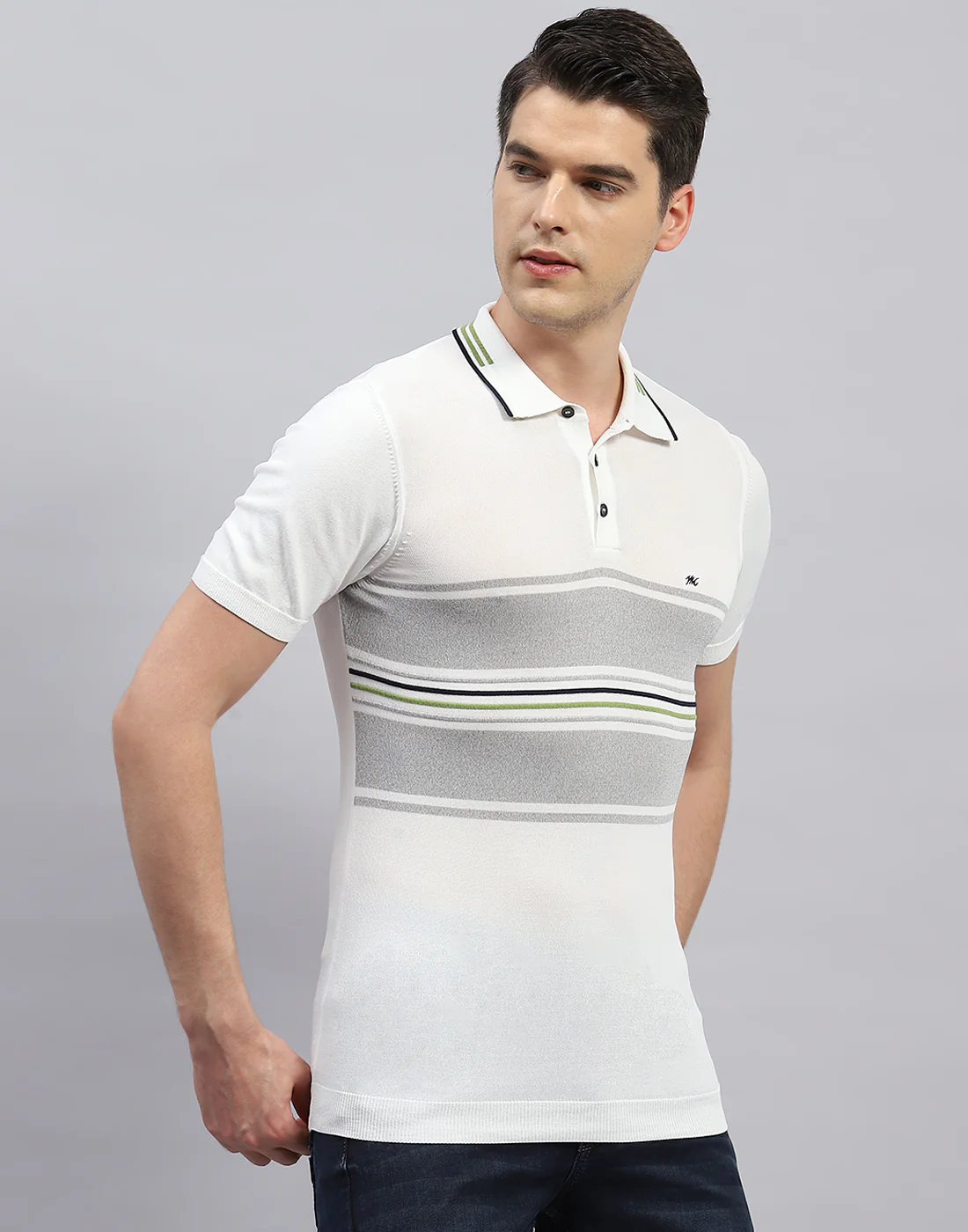 Men White Stripe Polo Collar Half Sleeve T-Shirt - Image 4