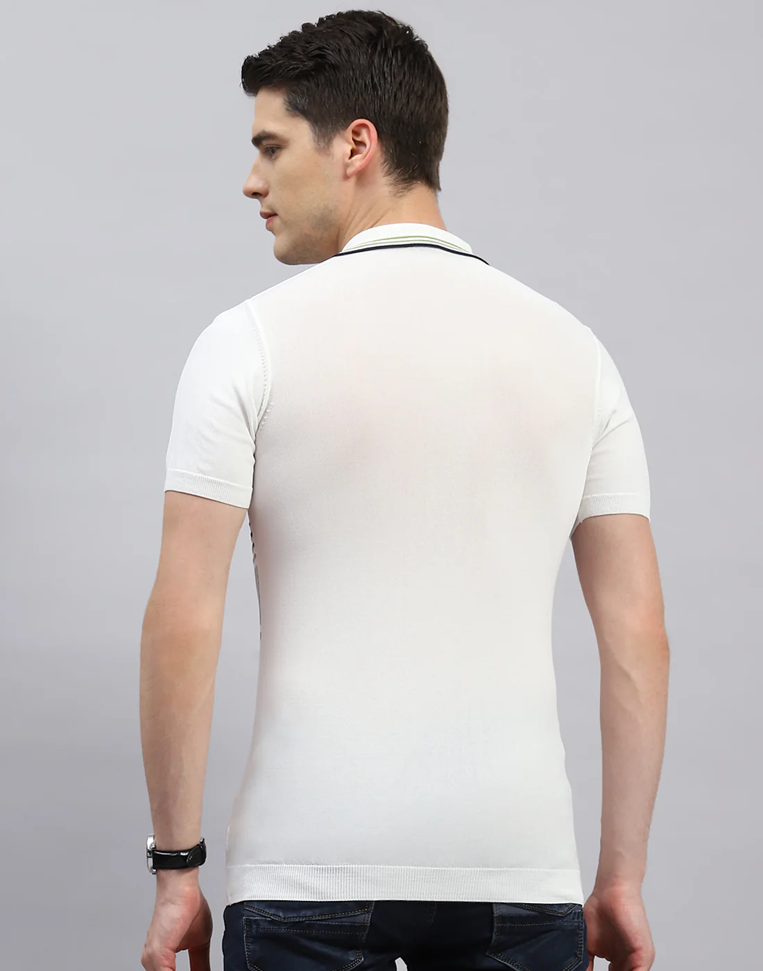 Men White Stripe Polo Collar Half Sleeve T-Shirt - Image 5