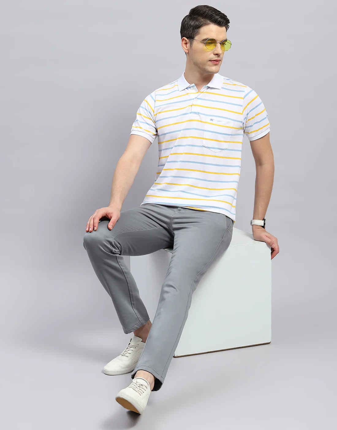 Men White Stripe Polo Collar Half Sleeve T-Shirt - Image 2