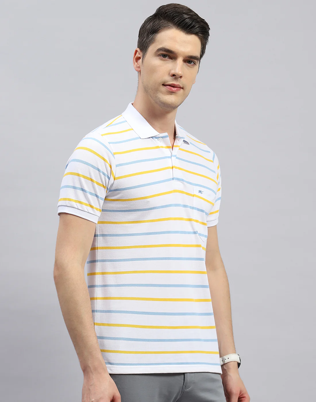 Men White Stripe Polo Collar Half Sleeve T-Shirt - Image 4