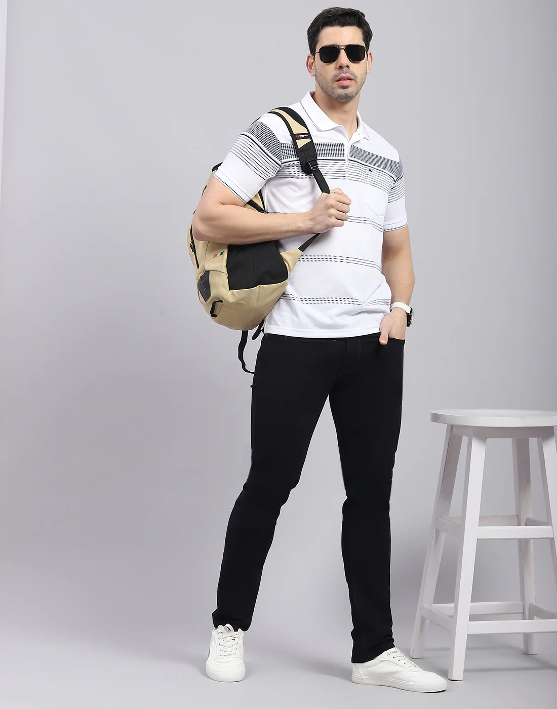 Men White Stripe Polo Collar Half Sleeve T-Shirt - Image 2