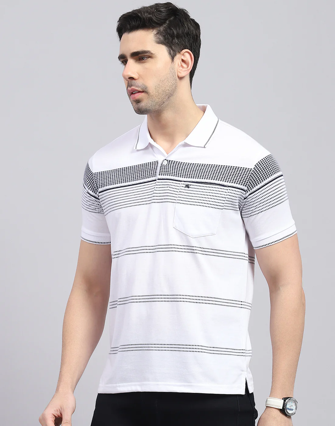 Men White Stripe Polo Collar Half Sleeve T-Shirt - Image 3
