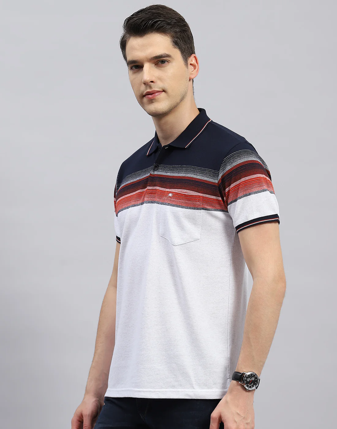 Men White Stripe Polo Collar Half Sleeve T-Shirt - Image 3