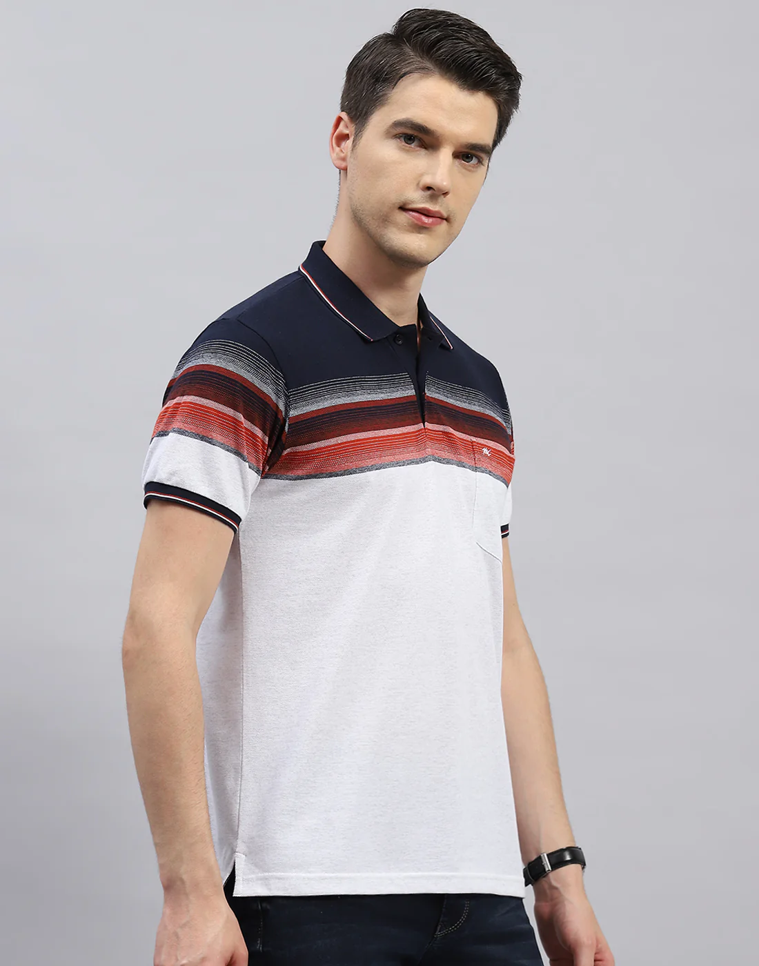 Men White Stripe Polo Collar Half Sleeve T-Shirt - Image 4