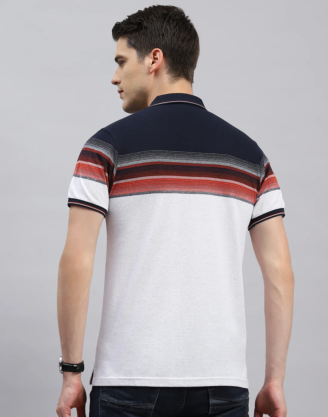 Men White Stripe Polo Collar Half Sleeve T-Shirt - Image 5