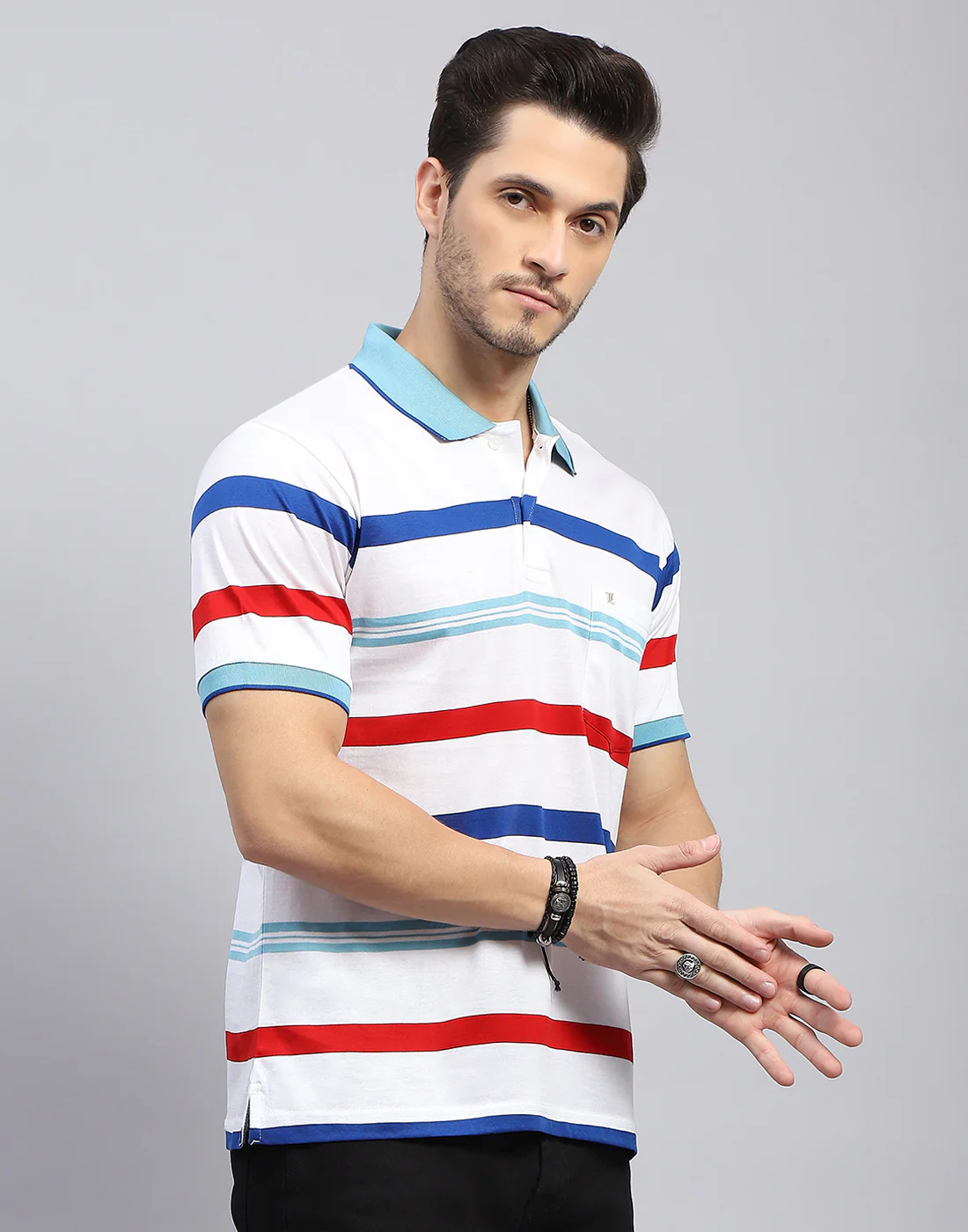 Men White Stripe Polo Collar Half Sleeve T-Shirt - Image 4