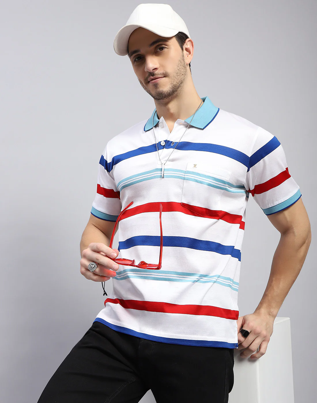 Men White Stripe Polo Collar Half Sleeve T-Shirt - Image 6