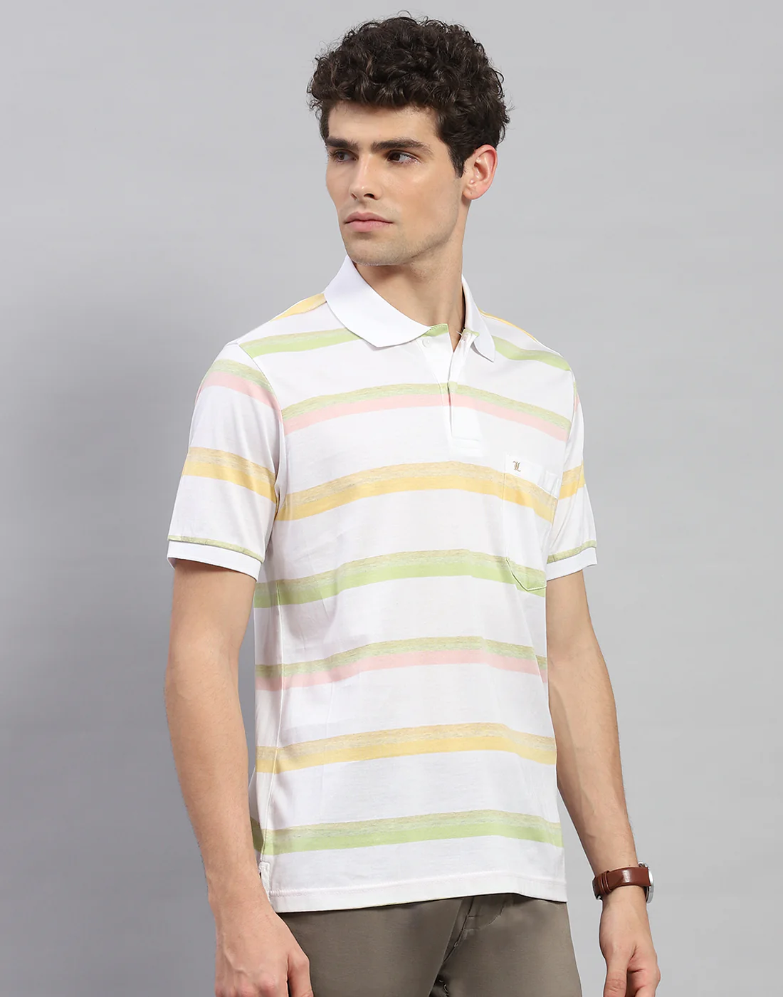 Men White Stripe Polo Collar Half Sleeve T-Shirt - Image 4